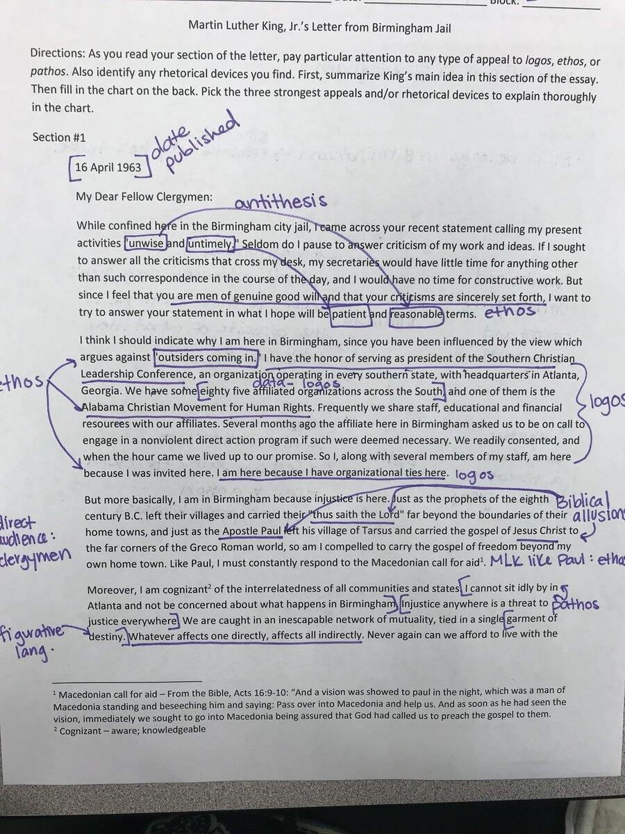 Whole Class Rhetorical Analysis Through Letter From Birmingham Jail Then It Was Students Turn To Find Read Analyze And Argue For Why Their Document Should Be Considered A Seminal Text Students Are Whole Class Rhetorical Analysis Through Letter From Birmingham Jail Then It Was Students Turn To Find Read Analyze And Argue For Why Their Document Should Be Considered A Seminal Text Students Are