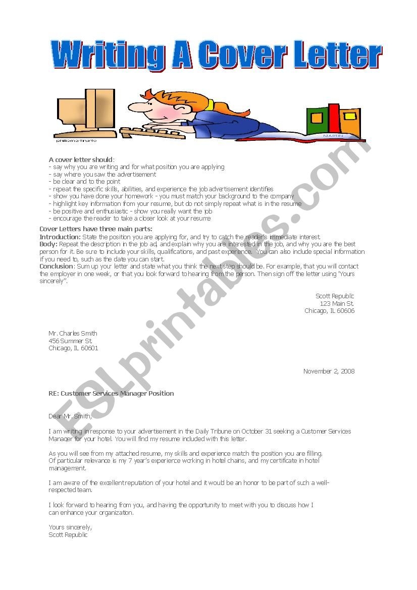 Writing A Cover Letter ESL Worksheet By American Teacher A Cover Letter ESL Worksheet By Maigomay