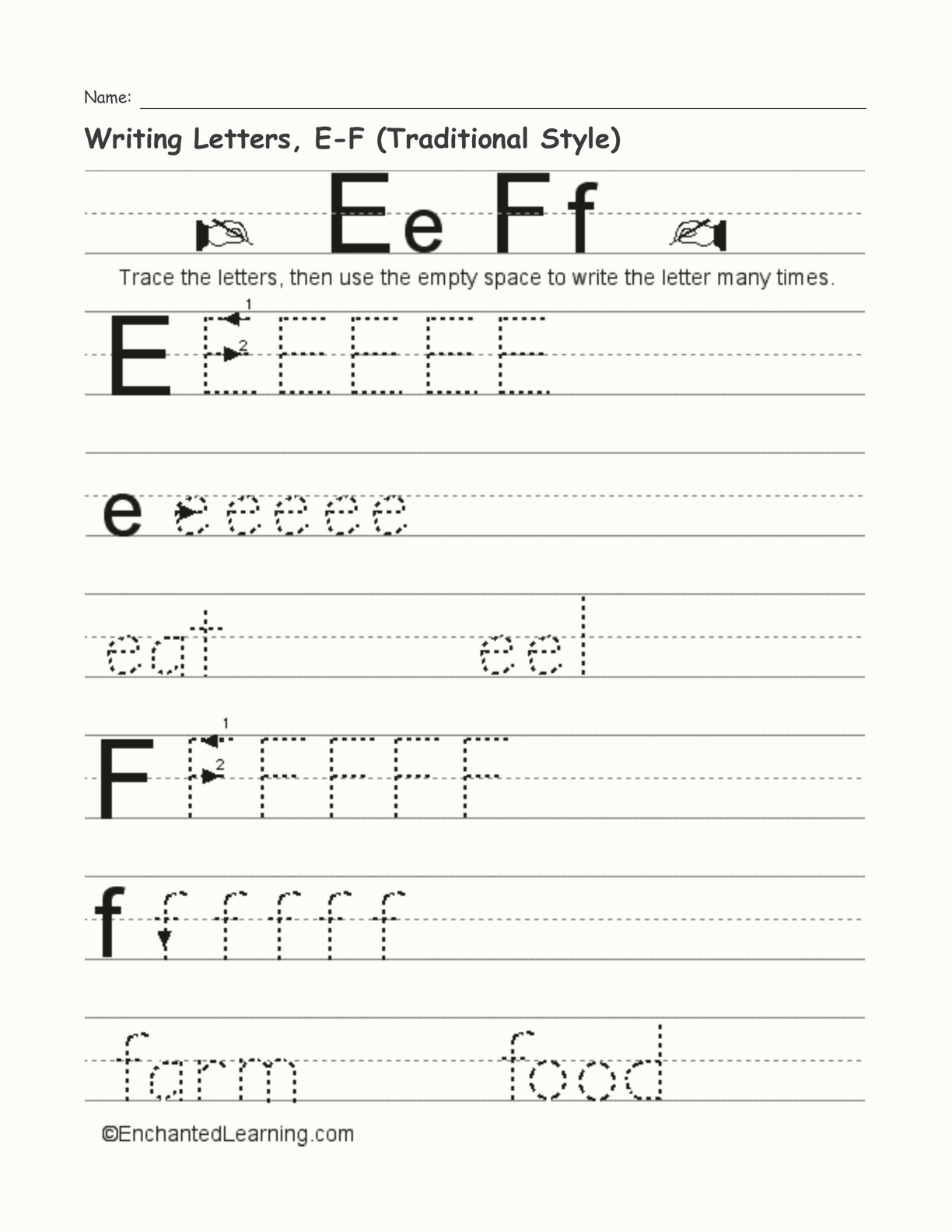 Writing Letters E F Traditional Style Enchanted Learning