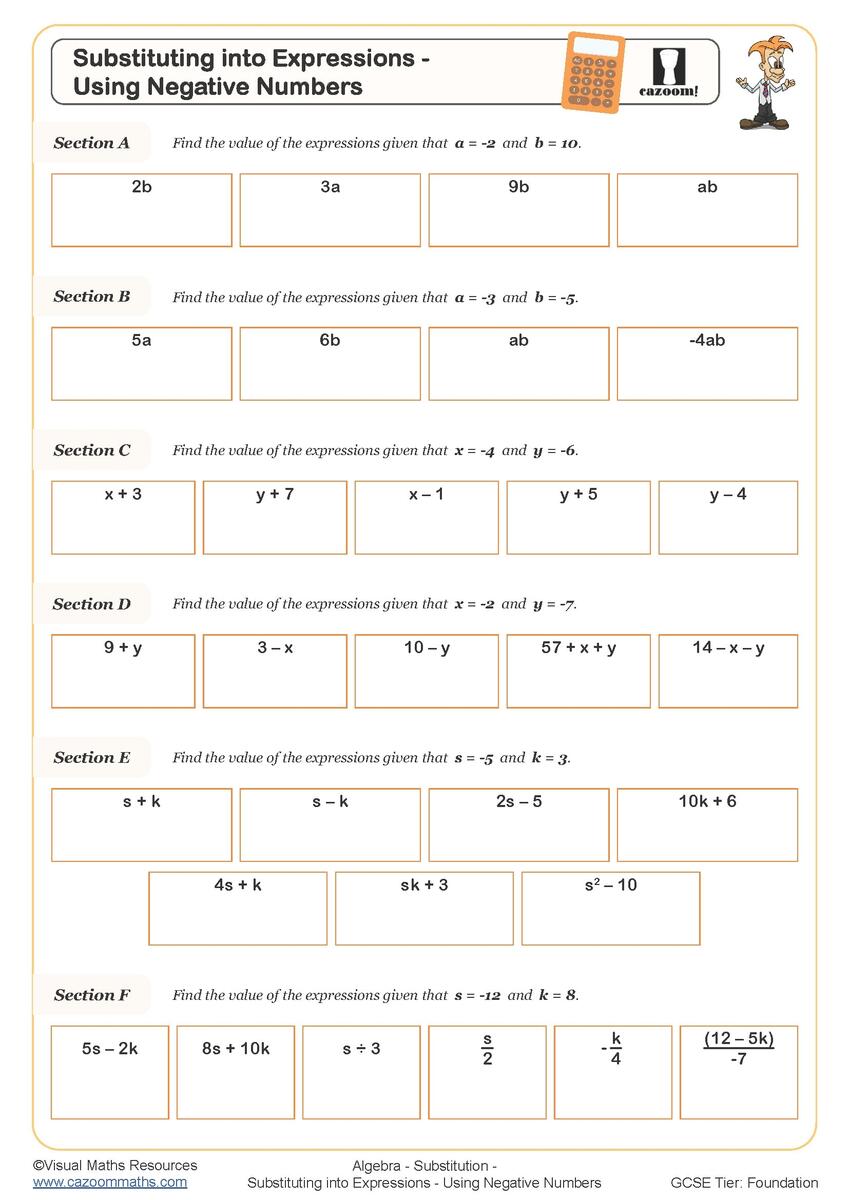 Year 7 Substitution Worksheets PDF Printable Worksheets